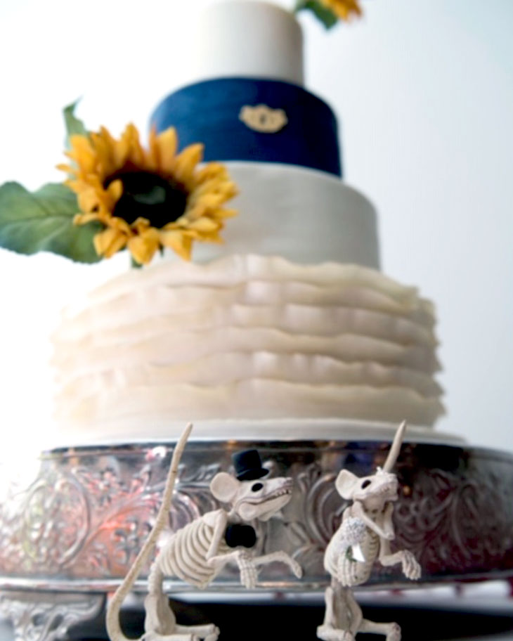 sunflower, blue, ruffles, cake, mice, westside ballroom, ADK, upstate, the fancy cake box