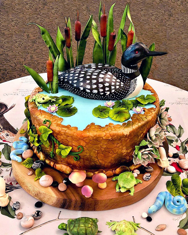 loon, cattails, lily pad, mushrooms, cake, cake porn, pond, st. huberts, NY, ADK, the fancy cake box