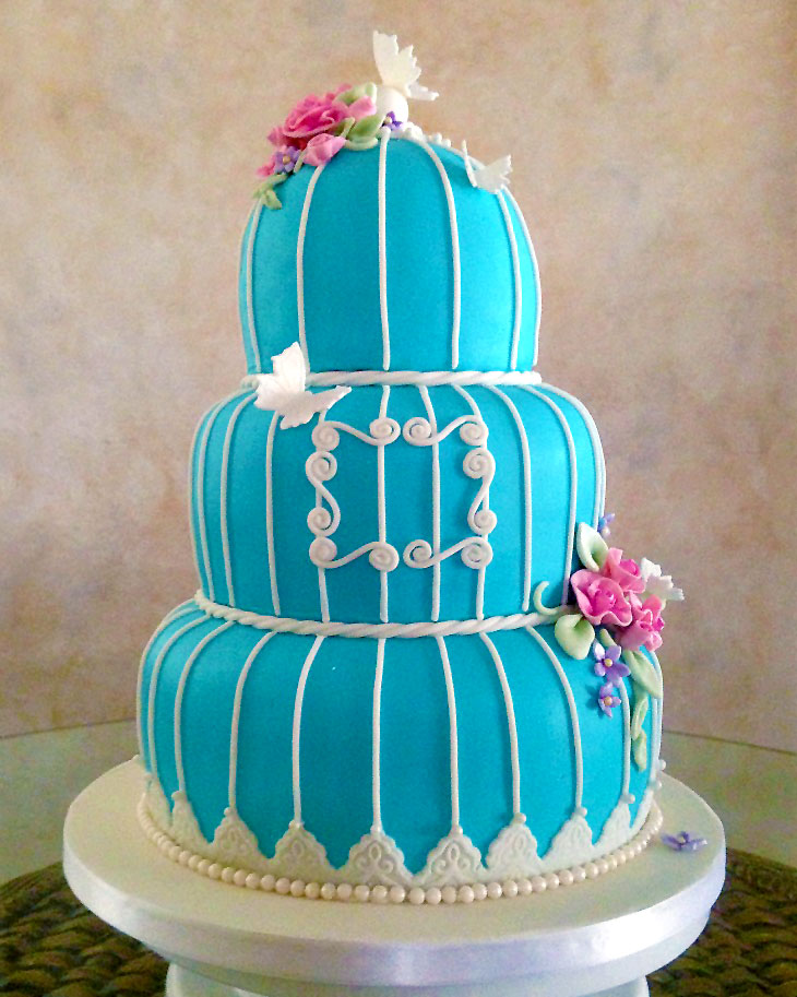 birdcage, cake, whimsical, blue, flowers, pearls, lake placid, upstate, NY, the fancy cake box